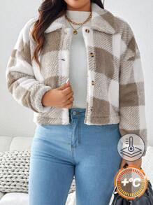 SHEIN LUNE Plus Size Plaid Fleece Jacket Winter Women Clothes Holiday Fall Autumn - Mocha Brown - View 7