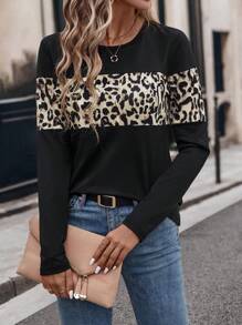 Chiquease Áo thun dài tay cổ tròn in họa tiết da báo thường ngày - Màu be - Xem 4