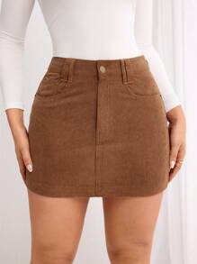 Women's Solid Color Front Button Pocket Minimalist A-Line Skirt, Casual Daily Wear - Coffee Brown - View 3