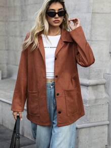 SHEIN LUNE Women Solid Color Long Sleeve Single-Breasted Dual Pocket Casual Coat, Autumn Fall Clothes