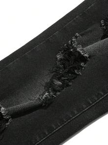 SHEIN Tween Boy 时尚休闲黑色牛仔布内衬保暖剪裁破洞磨损设计弹力牛仔裤，适合日常穿着和秋冬季 - 黑色 - 查看 6