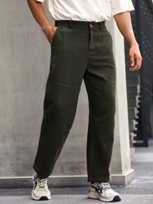 Manfinity Homme Men's Casual Solid Color Loose Fit Straight Leg Pants With Oblique Pockets, Plain Long Slacks Plain Black Pants, For Daddy & Husband, Boyfriend Gifts - Dark Green - View 1