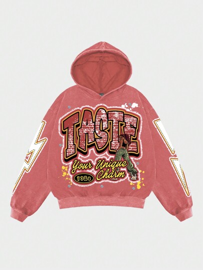 Street Life Sudadera con capucha estampada de letras lavada y desgastada para hombre, estilo urbano