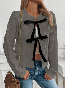 SHEIN Unity 1 件女士时尚休闲系带前开衫，适合日常休闲穿着 - 深灰色 - 查看 3