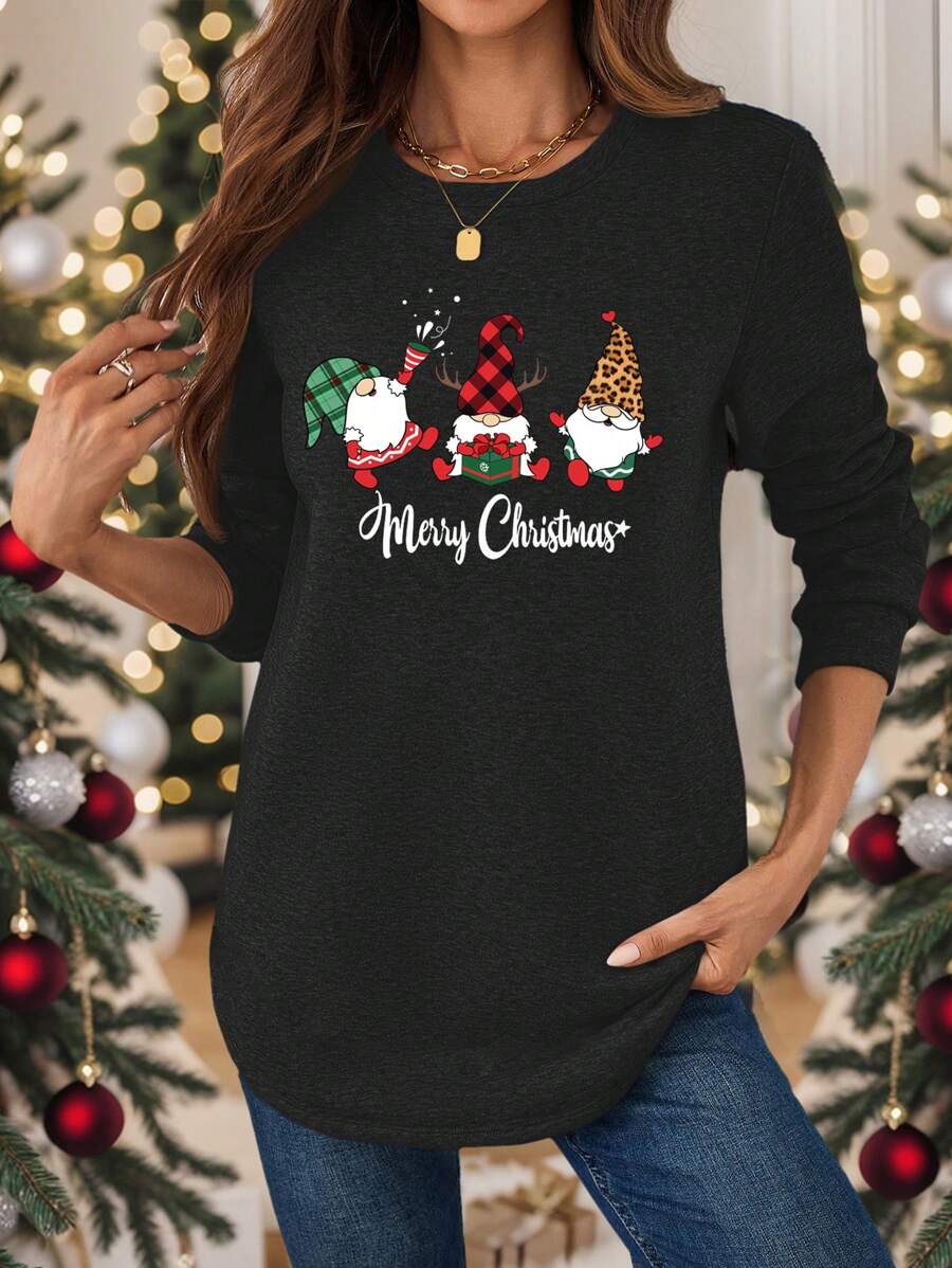 SHEIN LUNE 大码女式圣诞休闲简约图案印花宽松圆领运动衫，秋冬款 - 彩色 - 查看 1