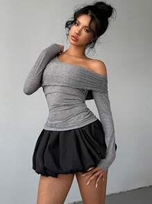 Aloruh Women Elegant Sexy Office & Casual Asymmetrical Neck Ruched Slim Fit Long Sleeve 
Off The Shoulders Grey T-Shirt - Grey - View 6