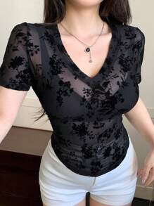 DAZY Áo thun ren cổ chữ V tay ngắn cho nữ, đơn giản, thoải mái khi mặc đi chơi hàng ngày - màu đen - Xem 3