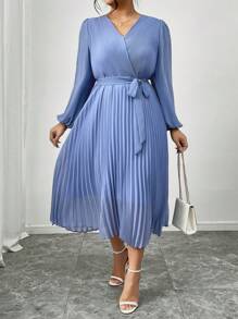 SHEIN Frenchy Váy suông tay loe cổ chữ V thanh lịch cỡ lớn màu trơn cho nữ, mùa thu - Màu xanh lam - Xem 2