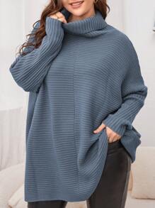 SHEIN LUNE Plus Size Turtleneck Long Sleeve Casual Pullover Sweater, Solid Color, For Winter Knit Pullover Fall - Dusty Blue - View 4