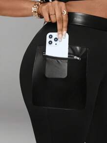 Maweii Plus Size Women Solid Color High Waisted Contrast Color Faux Leather Leggings - Black - View 6