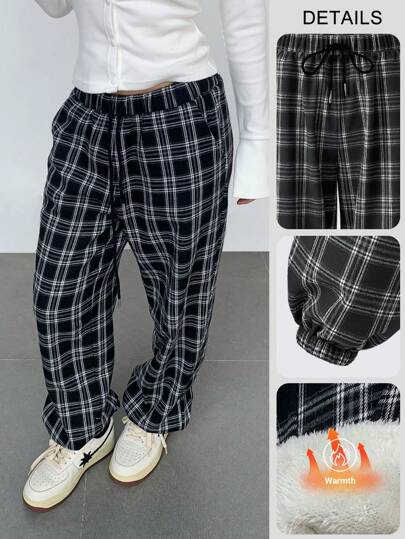 SHEIN BASICS Pantalones holgados con cintura alta y estampado de cuadros tejidos de estilo informal para mujer