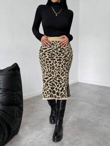 Chiquease Váy bó sát lưng thun họa tiết da báo thu/đông xẻ tà đơn giản - Nhiều màu - Xem 6