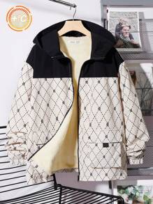 SHEIN Leap Crew Teen Boys Casual Patchwork Colorblock Graphic Print Pocket Zip Up Thick Warm Jacket, Versatile For Daily, Outdoor, School, Autumn/Winter - Multicolor - View 1