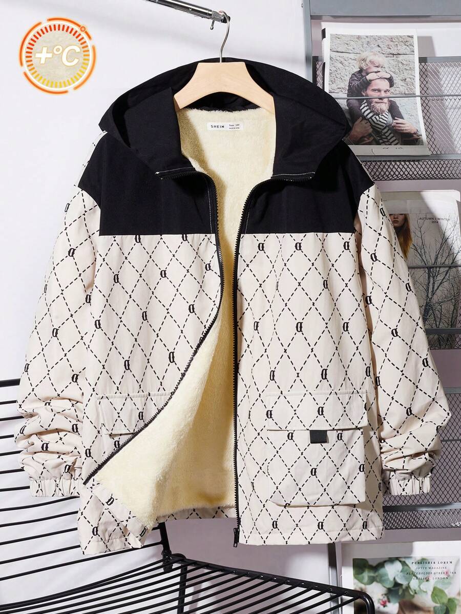 SHEIN Leap Crew Teen Boys Casual Patchwork Colorblock Graphic Print Pocket Zip Up Thick Warm Jacket, Versatile For Daily, Outdoor, School, Autumn/Winter - Multicolor - View 1