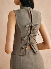Poéselle 2pcs/Set Women Elegant Stand Collar Back Tie Camisole Top And Skirt Set, Office Suit,2024AW Winter