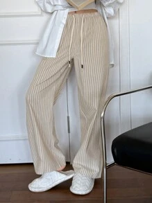 DAZY 条纹宽松休闲家居裤，适合日常休闲、秋季睡衣、冬季穿着 - 杏色 - 查看 7