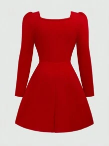 SHEIN Unity Váy midi đỏ cỡ lớn cho nữ tay bồng, cổ vuông và nơ, trang phục Giáng sinh cho năm mới - Đỏ - Xem 2