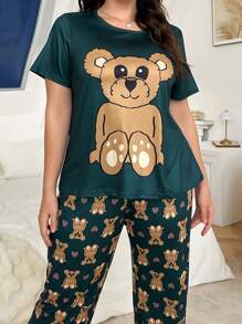 Cartoon Bear Print Short Sleeve Pajama Set With Pants - Multicolor - View 3