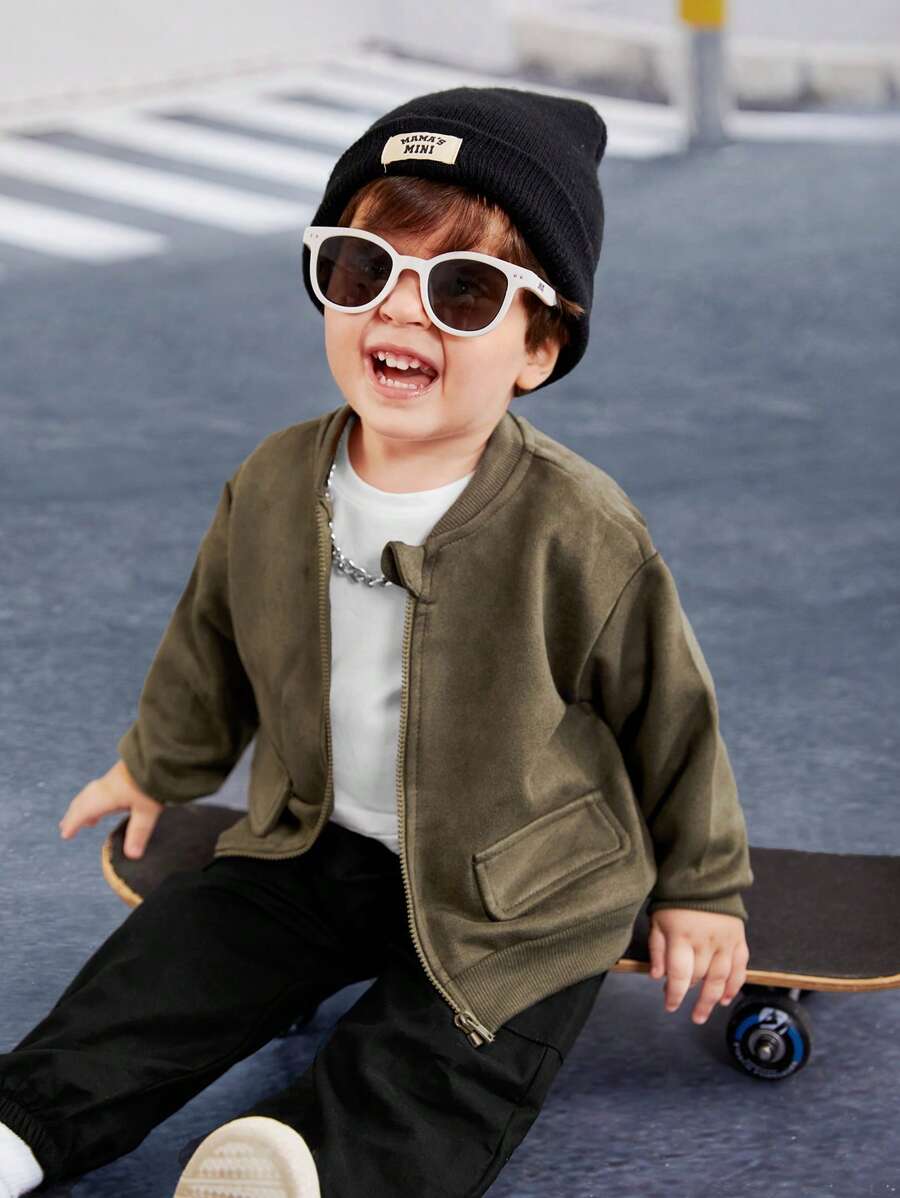 SHEIN Leap Crew Baby Boy Dark Green Baseball Jacket, Casual Versatile Decor Pockets Dropped Shoulders Soft Suede Fabric All-Match Street Comfortable Simplistic Suitable For Outing, Autumn