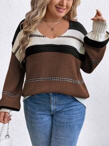 SHEIN LUNE Jersey de hombros caídos con bloques de color y rayas, talla grande, para otoño/invierno
