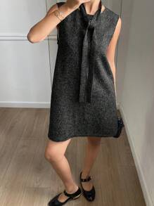 DAZY Elegantes ärmelloses Minikleid mit rundem Ausschnitt, Taillenbindung und gerader Passform für Damen, Sommerkleid, Herbstmode - Schwarz - Übersicht 6