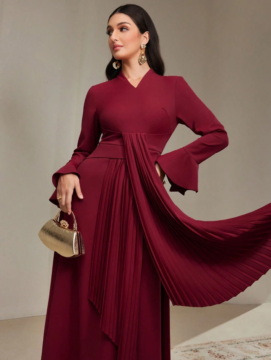 Modelyn Đầm dạ hội dài tay loe cổ chữ V màu trơn cho nữ, váy dài thanh lịch xếp ly - Màu Đỏ Sâu - Xem 1