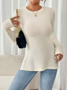 SHEIN Frenchy 女士休闲纯色侧开衩修身 T 恤，秋冬 - 米色 - 查看 4