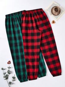 2pcs Plaid Print Women Elastic Waist Pajama Set, Includes Pants
