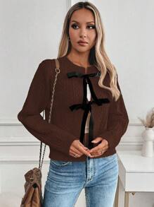 SHEIN Unity Cardigan Wanita Kasual Modis dengan Desain Ikat dan Blok Warna, Cocok untuk Pakaian Sehari-hari di Musim Gugur - Coffee Brown - View 4