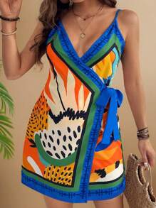 Travachic Plus Size Allover Print Cross Wrap Knotted Cami Dress,Beach Dress Sundress,Holiday Outfits Boho - Multicolor - View 1