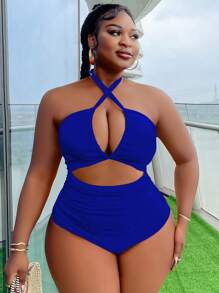 SHEIN Slayr 大码女式纯色镂空交叉吊带连体泳衣夏季 - 寶藍色 - 查看 3