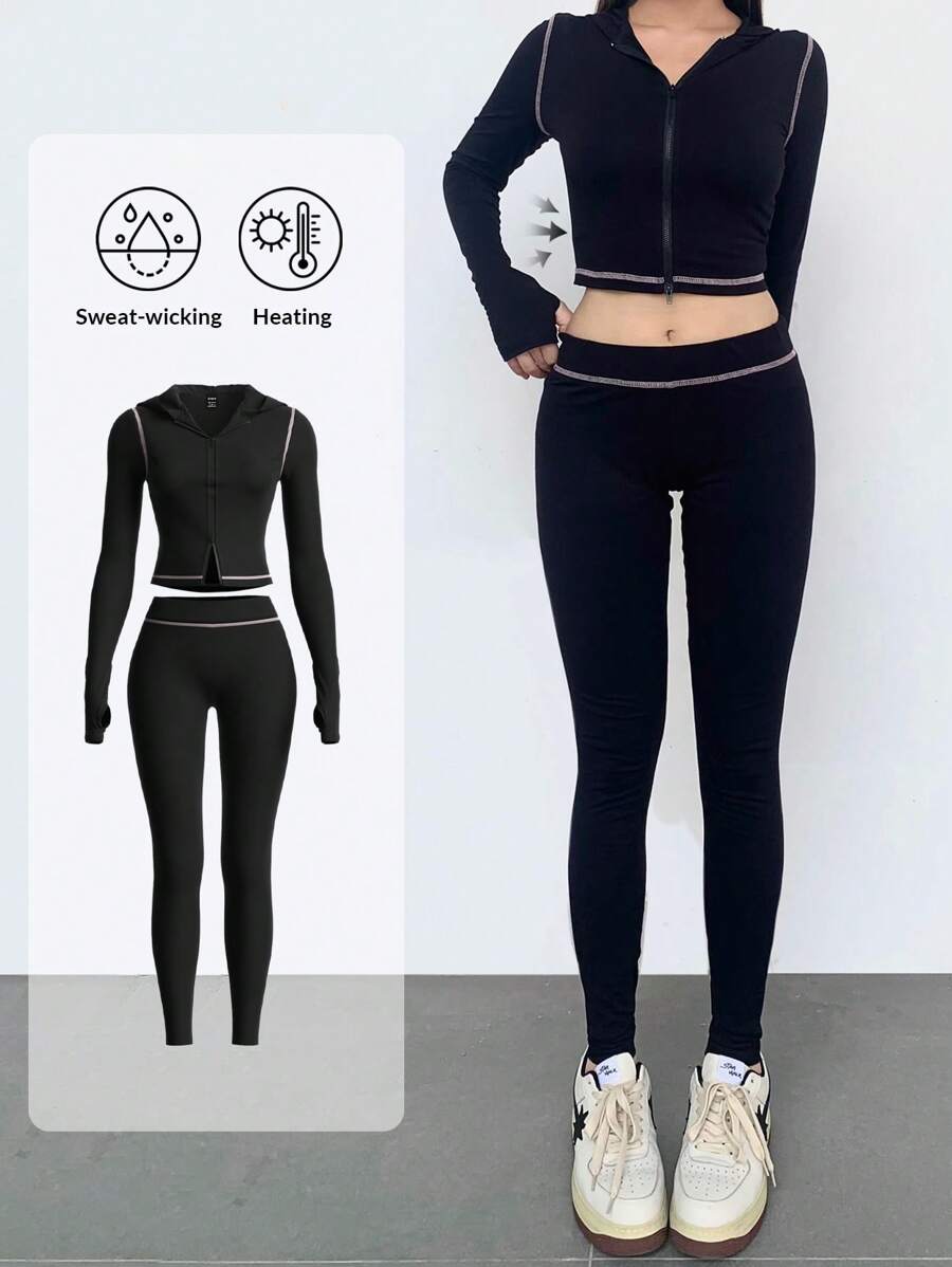 SHEIN BASICS 2 Pieces Set Casual Solid Color Knit Round Neck Long Sleeve Fitted T-Shirt & High Waisted Skinny Pants For Women