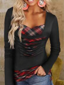 T-shirt à manches longues col en V profond imprimé à carreaux, T-shirt de style casual pour l'automne et l'hiver, hauts de vêtements pour femmes