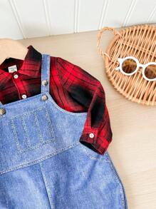 SHEIN Baby Boy 2pcs/Set Casual Daily Raglan Red Plaid Shirt & Denim Effect Suspender Pants Two-Piece Set, Suitable For Autumn/Winter Wear, Indoor And Outdoor