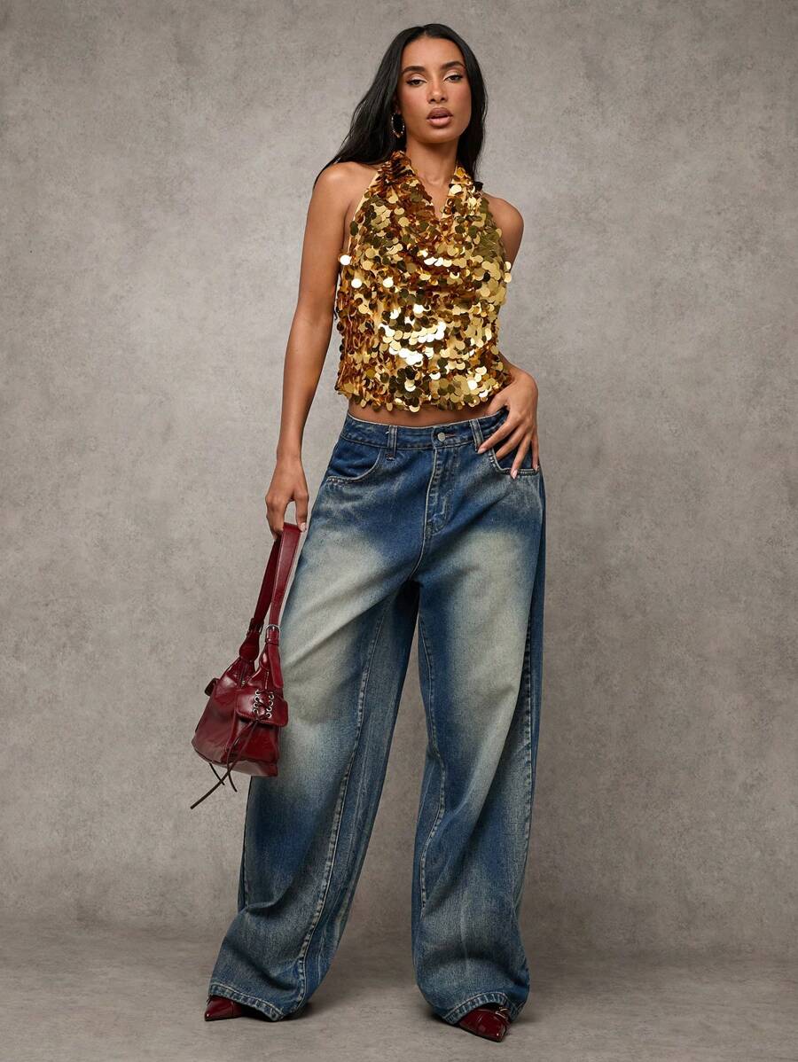 SHEIN BAE 女士华丽优雅金色亮片派对上衣，新年、节日、圣诞派对、圣诞女士上衣