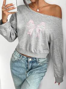 INAWLY Women's Autumn/Winter Casual Loose Sweatshirt With Asymmetric Collar And Embroidered Bow Design