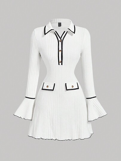 SHEIN MOD Ivory White Blouse Collar Bell Sleeve Dress For Women,Winter Women, Women Outfit,New Year Dress,Elegant Women Dresses,Vintage,Holiday,New Year Eve Dress,White Graduation Dress,Business Casual Woman