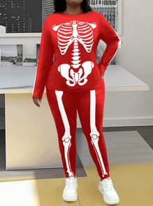 SHEIN LUNE Plus Size 2pcs Women Halloween Outfit, Long Sleeve Leisure Printed Shirt And Pants Set - Red - View 6