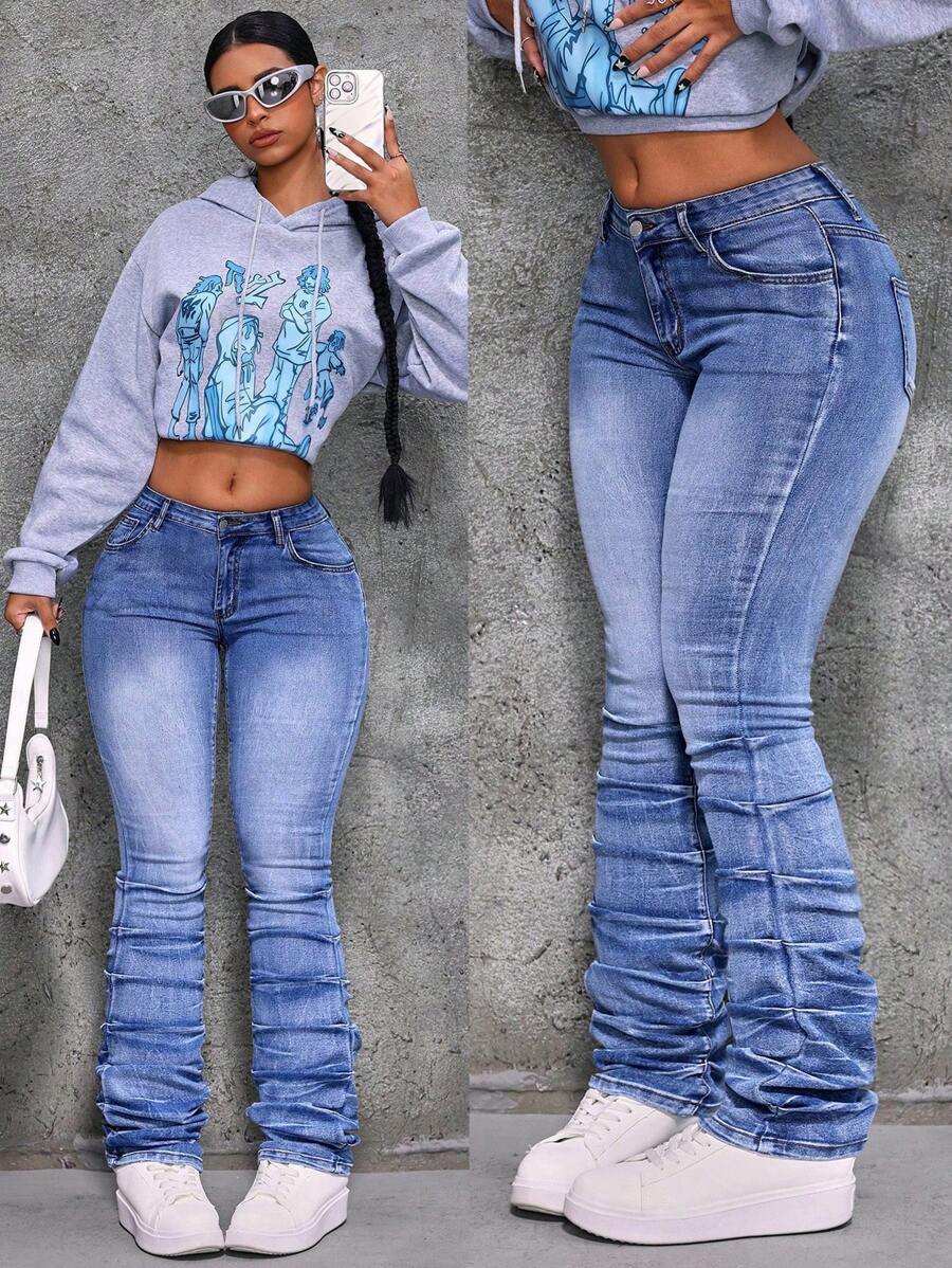 SHEIN PETITE 1 quần Jeans Jeans Co Giãn Skinny Túi Nữ, Quần Jeans Nữ Xếp Ly, Quần Bó Nữ, Quần Tất Nữ, Trang Phục Dạo Phố Nữ - Rửa tối - Xem 1