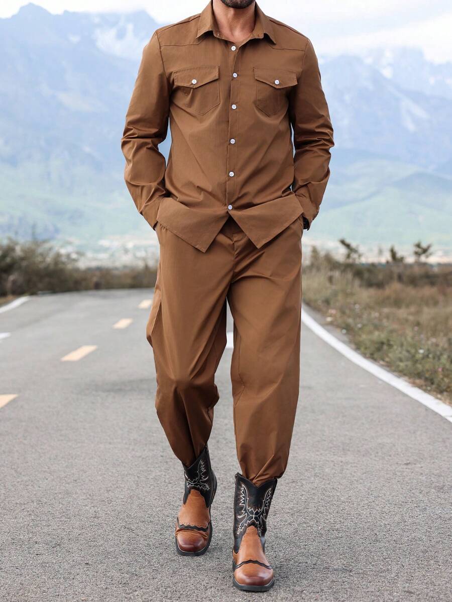 Manfinity Homme 2pcs Men Fashion Button Up Long Sleeve Shirt & Long Pants Set - Rust Brown - View 1