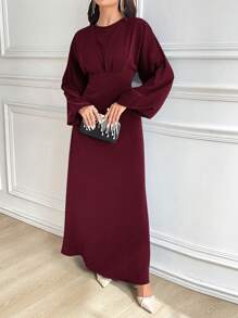 Modelyn Women's Solid Color Round Neck Lantern Sleeve Elegant Dress Long Evening Dresses - Burgundy - View 5