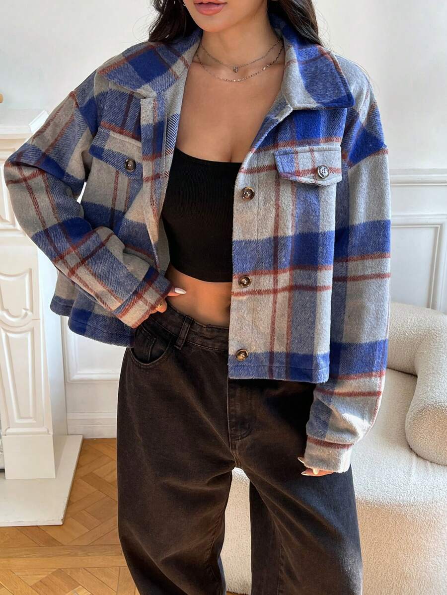 SHEIN EZwear Casual Colorblock Plaid Cropped Jacket For Autumn - Royal Blue - View 1