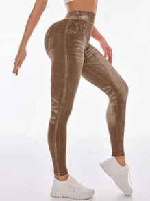Gameset SHEIN Sport Women Casual Denim Effect Print Sports Leggings Yoga Pants - Coffee Brown - View 7