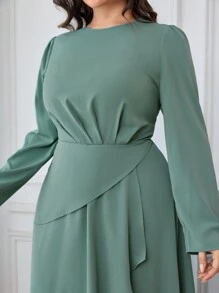 Modelyn Plus Size Elegant Solid Color Layered Long Dress, Autumn Long Evening Dresses - Green - View 4