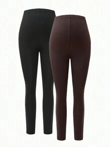 SHEIN Bộ 2 quần legging cạp cao màu trơn thường ngày cho bà bầu - Nhiều màu - Xem 2