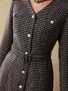 MOTF PREMIUM PLAID PATTERN RUFFLE HEM BUCKLE BELTED DRESS - Black and White - View 4