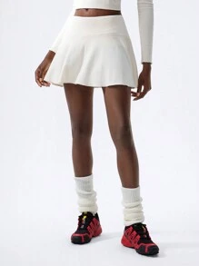 VARSITIE Simple And Fashionable Retro College Style, Beige And Apricot Ruffled Elastic Women's Skirt