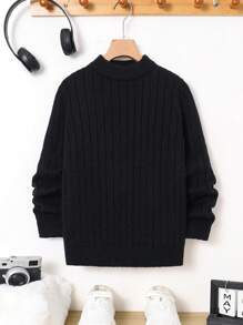 Tween Boys Casual Loose Fit Crew Neck Pullover Sweater, Simple All-Match Design Suitable For Commuting, School, Casual Daily Wear, Sports, Autumn/Winter - Black - View 1