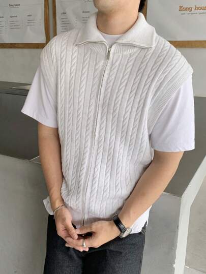 Manfinity CasualKnits 男士纯色拉链前开衫背心，休闲针织毛衣，秋冬