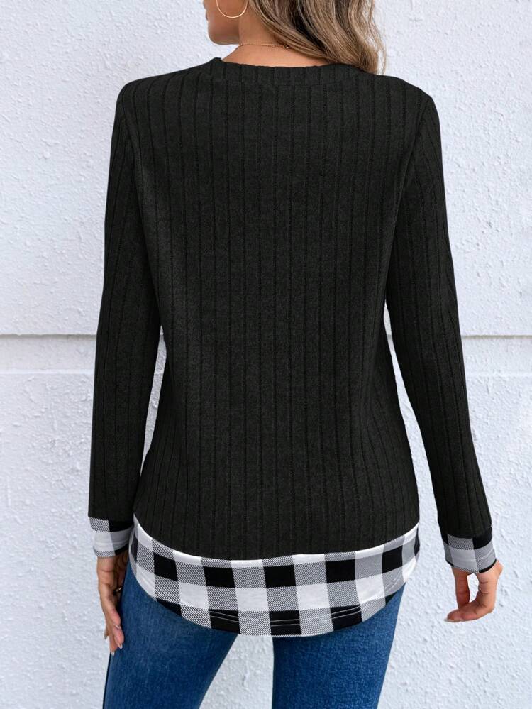 1pc Women's Casual Plaid Patchwork Keyhole Neck 2 In 1 T-Shirt, Autumn Season